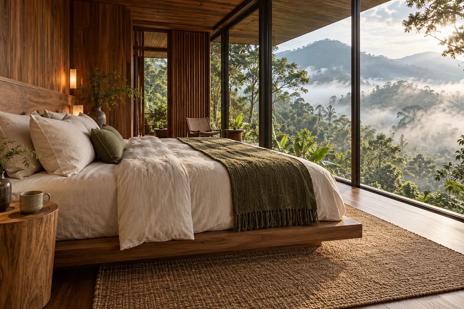 Concept of a timber bedroom with linen bedding and a forest-facing window